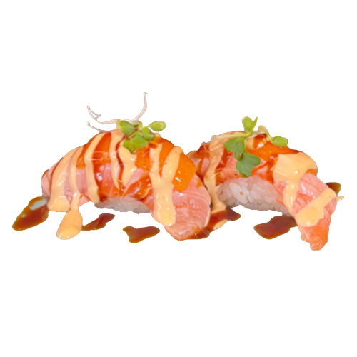 Nigiri salmon y chedalr con salsa teriyaki y kimuchi