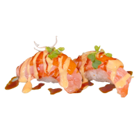 Nigiri salmon y chedalr con salsa teriyaki y kimuchi