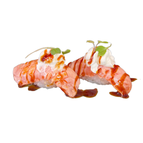 Nigiri salmón flamedado con queso philadelphia y teriyaki