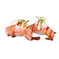 Nigiri salmón flamedado con queso philadelphia y teriyaki